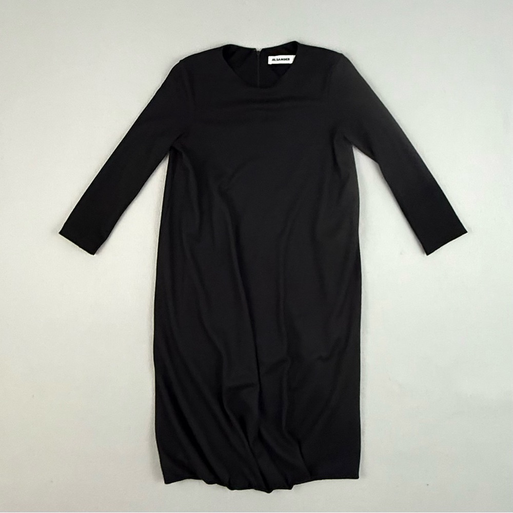 Jil Sander Dress Women's Size 34 Wool Long Sleeve Gathered Hem‎ Black Midi Dress